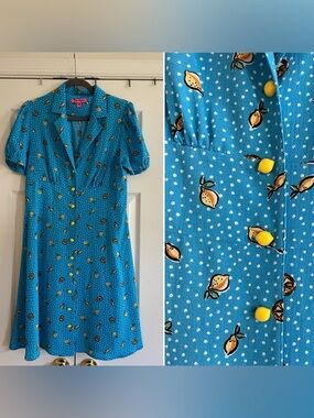 BNWOT 🍋💙Vintage 90’s or Y2K Betsey Johnson Blue Lemon Dress: Lemon Buttons! 🍋💙